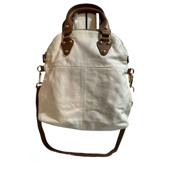 Emma Fox Lily Leather Ivory and Brown Leather Fold Over Crossbody Messenger Bag - Picture 2 of 12